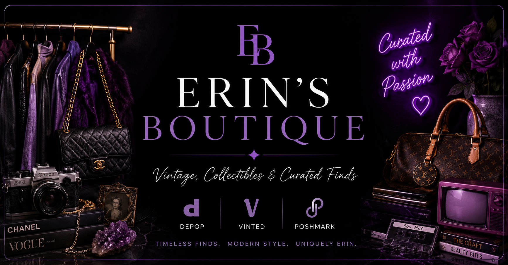 Erin’s Boutique display with vintage fashion, handbags, collectibles, and purple boutique styling